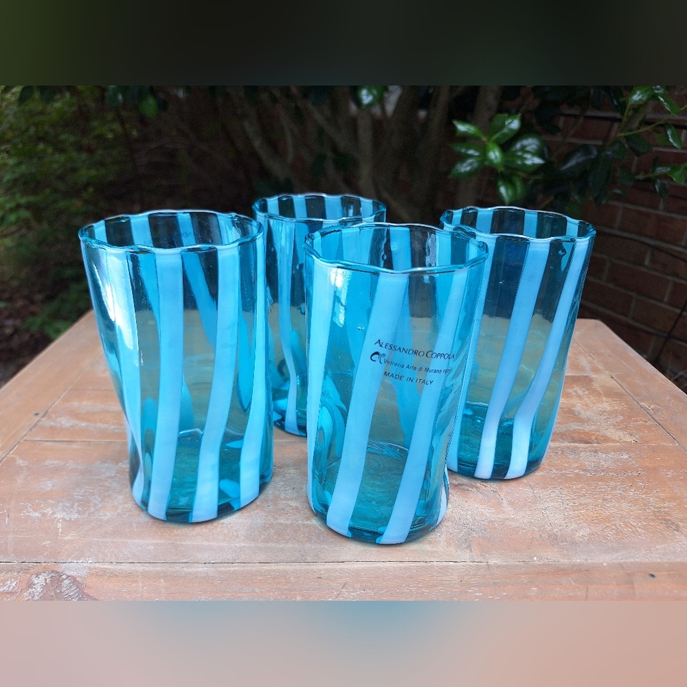 Murano Glass Cups Tumblers Drinking Glasses TEAL Gift Set 4 Made in Italy - Picture 13 of 13